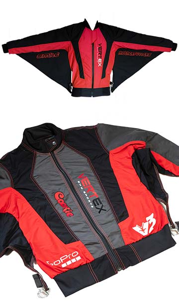 Photo of our camera jacket skydive / skydiving suit. Professional camera jacket skydiving suits sold in the UK, USA, Germany, France, Australia and the rest of the world.